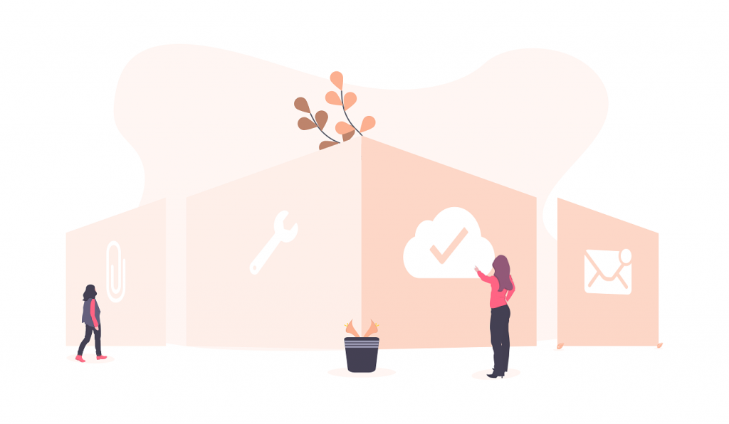 undraw_features_overview_jg7a Character illustration of people looking through useful tools and resources for startups