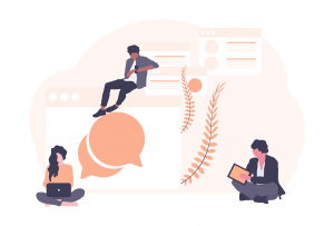 undraw_group_chat_v059 (2) Character illustration of people with web and mobile application development icons